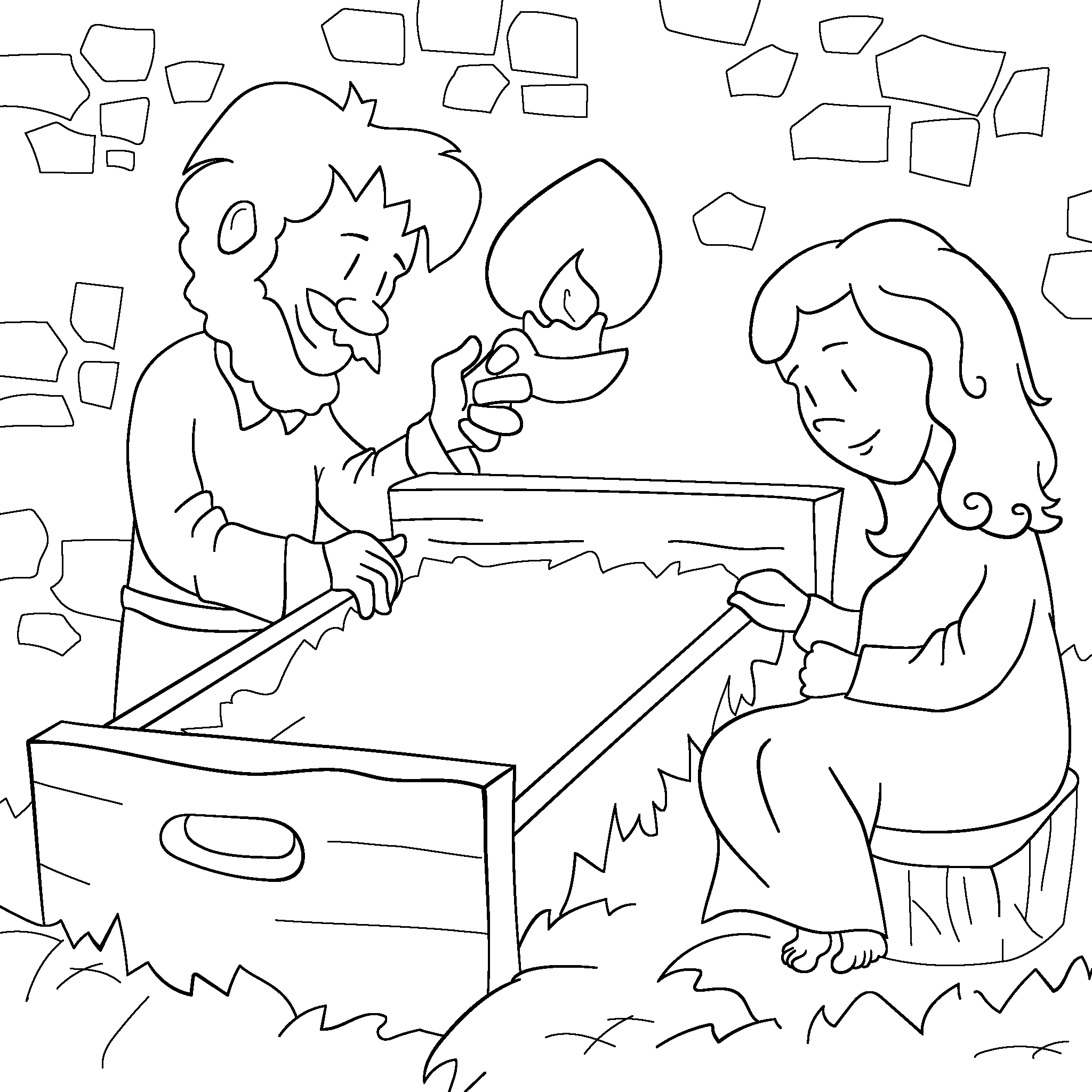 Joseph holds a candle over the manger and, together with Mary, looks at the baby. Draw the baby Jesus in the manger.